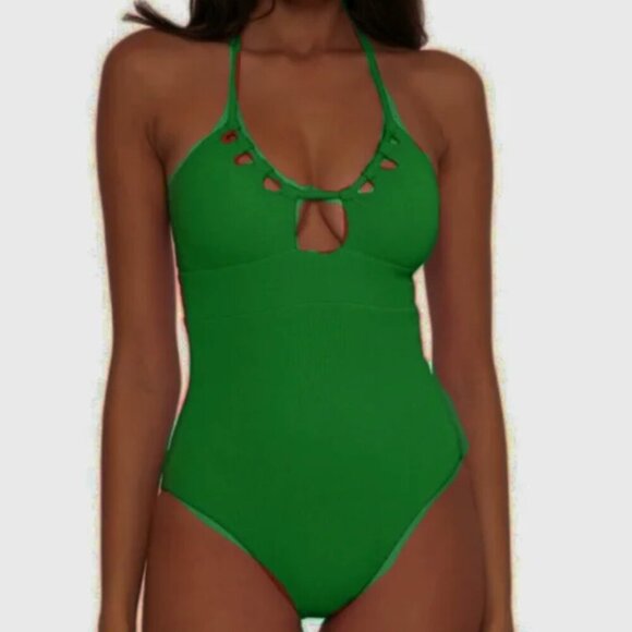 BECCA Other - BECCA Pucker Up Candice Large Green Textured Halter Cut Out One Piece Swimsuit